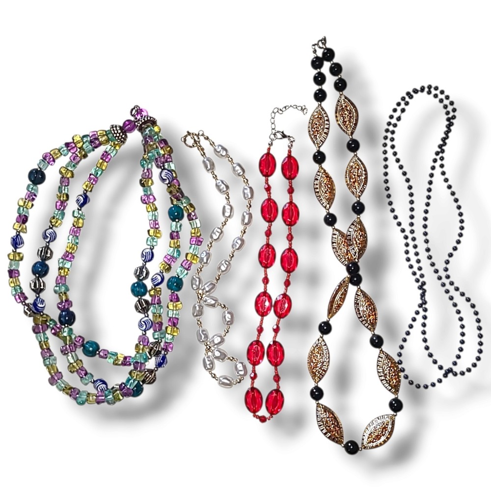 Lot 5 Vintage Acrylic Bead Necklaces Faux Pearl Red Blue Costume Jewelry 4